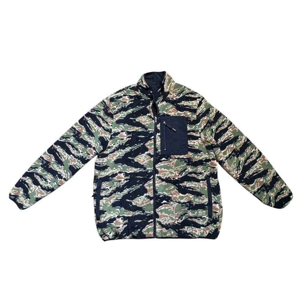 HUF Worldwide Reversible Jacket Mens Large Tiger Camo Polar Fleece Black‎ Shell - Picture 4 of 8